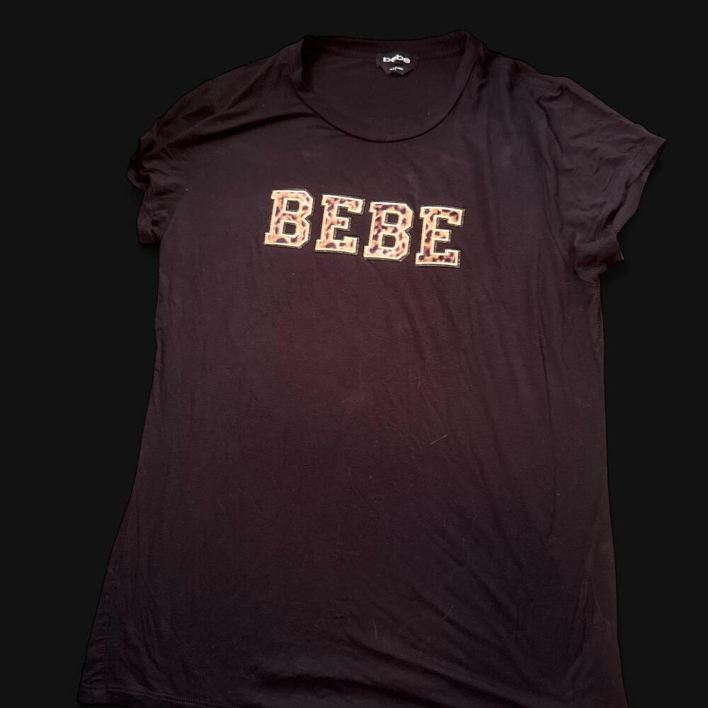 Black Bebe baby tee with leopard print letters